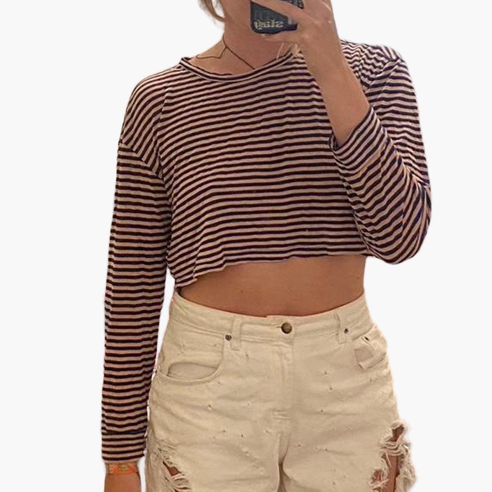 Reformation Chloe Long Sleeve Striped Tee Cropped Boxy Blue Tencel Shirt Size L